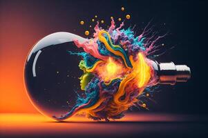 An explosion of colors from a light bulb, creative concept, smart and beautiful idea, photo