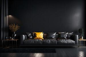 negro cuero sofá con un amarillo almohada y ligero alrededor en un negro pared interior vivo habitación con el blanco Bosquejo, ai generado foto