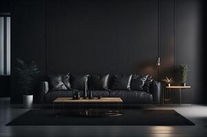 negro cuero sofá con almohadas y plantas alrededor en un negro pared interior vivo habitación, ai generado foto