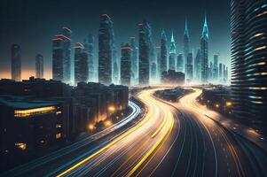 alto velocidad tráfico a noche en un tecnológico metrópoli ciudad con brillante líneas en el autopista entre rascacielos edificios, ai generado foto