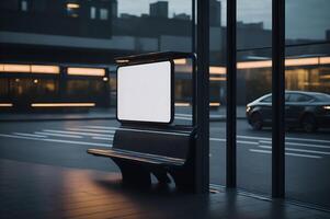 blank mockup light box for advertising above bus stop seat on the street, photo