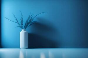 empty interior background, blue wall, a window, and a vase rendered in 3D using photo