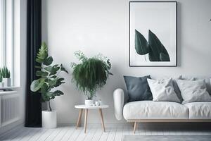 frame over white cabinet with plant next to grey sofa in minimalist living room interior, photo