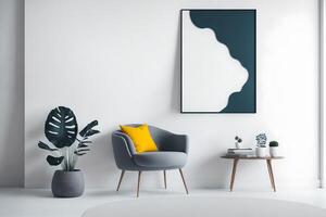 interior póster burlarse de arriba vivo habitación con Sillón en vacío blanco pared fondo, 3d representación, ai generado foto