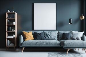 Modern interior background, living room, Scandinavian style mock up poster frame, 3D render, 3D illustration, photo