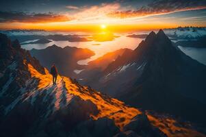 caminante en el parte superior de un montaña con un hermosa ver de el puesta de sol alrededor montañas y amanecer, nubes, y ríos, libertad concepto, ai generado foto