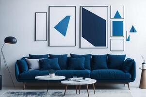 modern interior design for living room with blue sofa and table around lamps and plants and mockups for tableau, photo