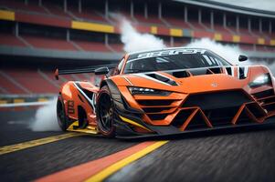 racing car on the road, 3d rendering, fast motion and smoke from wheels, photo