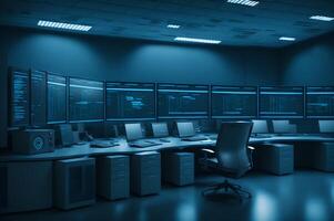 interior of a security system control room, a lot of monitor displays on a desk and chairs, an empty monitoring room, photo