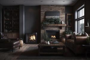 luxury living room with a brown leather sofa and armchair with a fireplace and young tree, photo