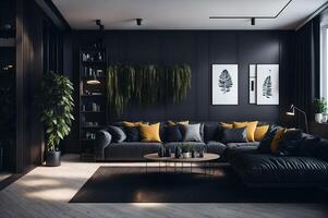 grande vivo habitación en un Moda estilo, mesa redondeado por un grande azul sofá, planeta en el casa, interior mueble diseño , ai generado foto