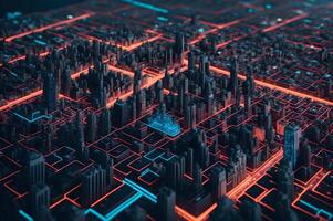 cinematic coloring scene of a miniature tech cityscape on a circuit board, photo