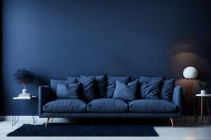 moderno vivo habitación interior con azul sofá, almohadas, y lámpara en un oscuro azul pared ai generado foto
