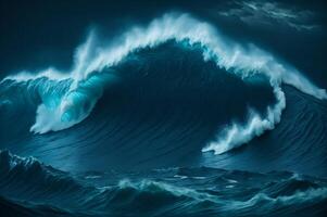 a large storm in the ocean, a deep blue scene of a big wave in the sea with white foam, photo