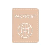 Passport in beige leather cover with stitching and simple globe. Identification document of a citizen.  Travel, tourism and immigration concept. Vector flat illustration isolated on white background