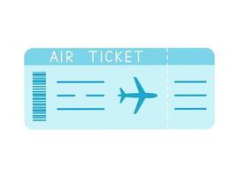 Air ticket in simple style isolated on white background. Blue boarding pass with bar code and airplane silhouette. Travel concept vector flat illustration