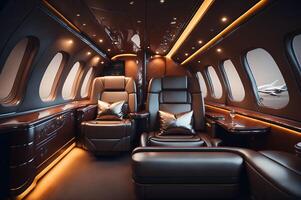 interior de un lujoso avión con cuero asientos y ventanas, ai generado foto