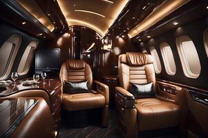 interior of a luxurious plane with leather seats and windows, photo