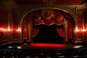 red stage open curtain with spotlight, theater with red chairs, empty theater gold interior design, photo