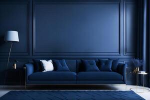 blue sofa in a living room on a blue wall, comfortable furniture interior design, photo