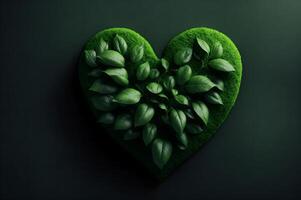 verde corazón conformado hojas, limpiar ambiente concepto, en oscuro fondo, ai generado foto