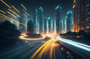 high speed traffic at night in a technological metropolis city with glowing lines in the highway among skyscrapers buildings, AI Generated photo