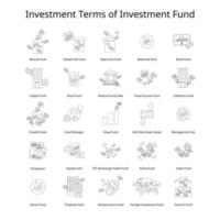 investment terms and vocabulary of different type of investment fund black and white line icon vector