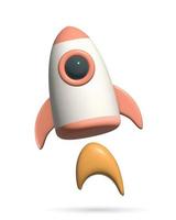 3d space rocket icon on white background.. Cute cartoon toy spaceship with flame three dimensional vector illustration. Space travelling or start up concept.