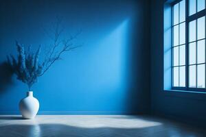 empty interior background, blue wall, a window, and a vase rendered in 3D using photo