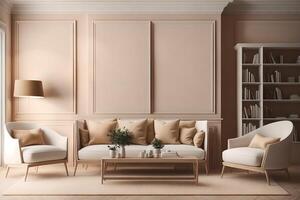 beige room interior with two armchairs and sofa, wooden bookshelf with books and decoration, carpet and parquet floor. mockup blank copy space frame poster, 3d rendering, photo