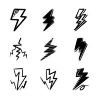 conjunto de ilustraciones de esbozo de símbolo de relámpago eléctrico de garabato vectorial dibujado a mano. trueno, ilustración vectorial vector
