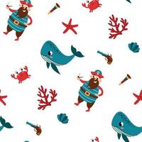 Seamless pattern with pirates, cute whales and crabs. Design for fabric, textile, wallpaper, packaging. vector