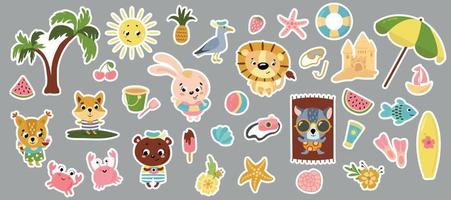 Set of summer stickers. Cute animals, fruits, flowers, sun, palm tree, etc. vector