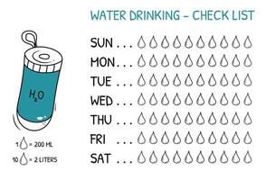 Weekly water tracker vector template with doodle illustration of H2O bottle. 10 drops 200 ml. 2 litres per day