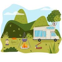 Camping concept art. Flat style illustration of beautiful landscape, mountains, forest, tent, and a campfire. Design for banner, poster, website, emblem, logo and others. vector