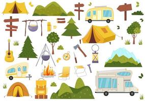 cámping y excursionismo elementos. bosque caminata icono set.wanderlust explorar aventuras iconos vector