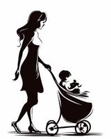 Mother pushing stroller with child vector