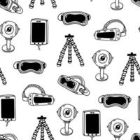 Modern technology seamless vector pattern. VR headset, 3D glasses, webcam, mobile phone, tripod. Virtual and augmented reality. Device for games, video. Simple doodle. Background for packaging, web