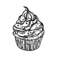 Cupcake vector icon. Delicious sweet dessert with cream, biscuit, sprinkles. Appetizing muffin for birthday, party, holiday. Simple food sketch, line art. Cartoon clipart for cards, posters, prints