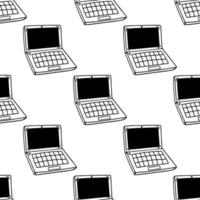 Laptop seamless vector pattern. Device for games, web, office. Open wireless notebook with screen, keyboard. Simple doodle, sketch. Gadget in perspective view. Background for posters, packaging