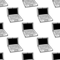 Laptop seamless vector pattern. Device for games, web, office. Open wireless notebook with screen, keyboard. Simple doodle, sketch. Gadget in perspective view. Background for posters, packaging