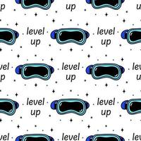 VR headset seamless vector pattern. Glasses, helmet of virtual or augmented reality, level up. Modern technology, device for games, 3D. Flat cartoon doodle. Background for packaging, wallpapers, web