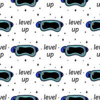 VR headset seamless vector pattern. Glasses, helmet of virtual or augmented reality, level up. Modern technology, device for games, 3D. Flat cartoon doodle. Background for packaging, wallpapers, web