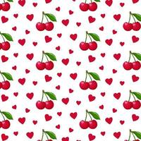 Bunches of cherry and red hearts seamless pattern. For labels, menus, poster, print, or packaging design. Vector illustration