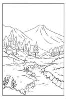 Coloring page of a mountain scene with a river and a house in the background. vector