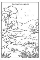 Coloring page with a landscape and a tree and a mountain. vector