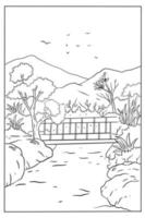 Coloring page of a river with a bridge and mountains in the background vector