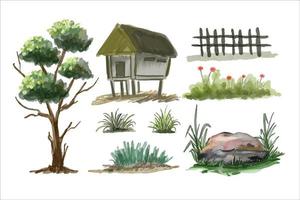 un conjunto dibujo de casa, árbol, Roca y césped vector