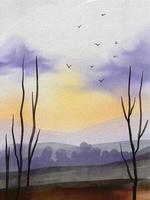 A watercolor painting of a landscape with mountains and trees with birds flying in the sky. vector