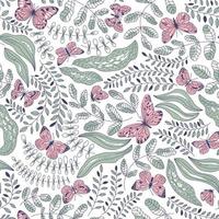 Seamless pattern of beautiful butterflies and plants on a white background vector